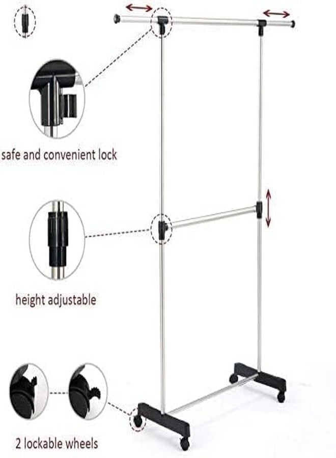 BE BENIGN Stainless Steel Double Pole Rail Telescopic Movable Portable Adjustable Clothes Garment Hanging Rack Stand with Wheels(1) - Image 4